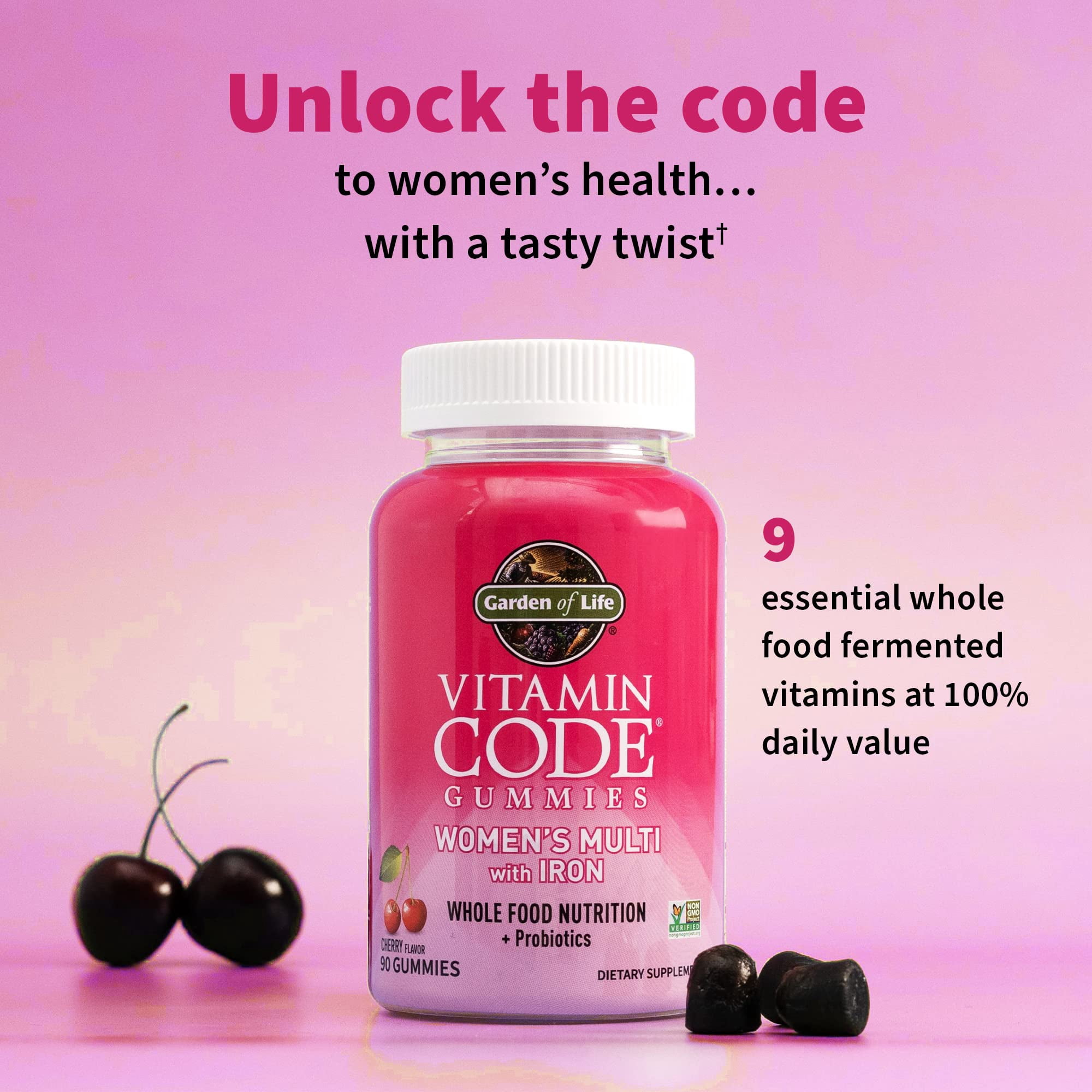 Women’s Multivitamin Gummy with Iron: Folate, Biotin, D3 & B12 for Hair, Skin & Nails + Probiotics for Immune Health & Digestion, Vitamin Code, Non-GMO, Gluten-Free, 90 Cherry Gummies, 30 Day Supply