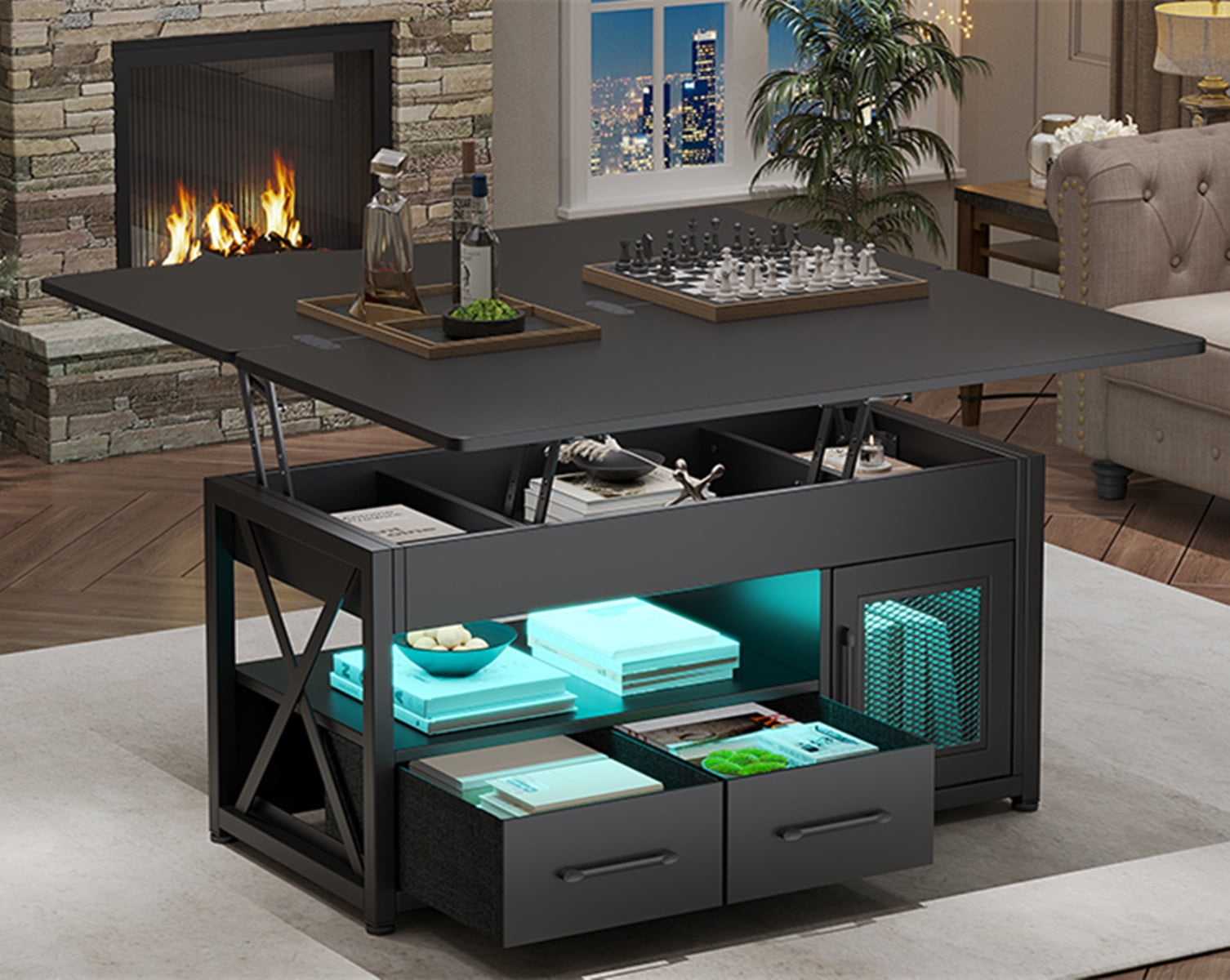 40" Lift Top Coffee Table, 4 in 1 Coffee Tables with Storage Cabinet for Living Room, Small Farmhouse Coffee Table with 2 Fabric Drawers & LED Light for Dining Room, Black