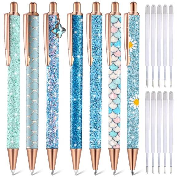7 Pcs Fancy Pens for Women, Sparkly Glitter Pens with 10 Black Ink Refills, 7 Unique Designs, 1.0mm Fine Point for Smooth Writing, Elegant Gifts for Teens, Women, Office & Journaling
