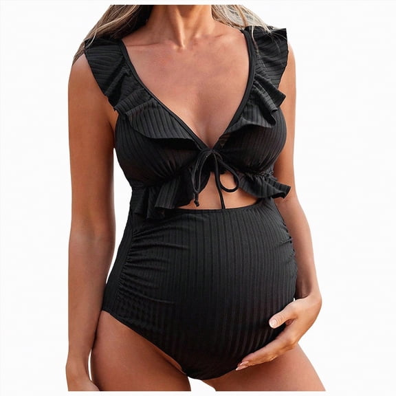 Duqingm Maternity Bikini Maternity One Piece Swimsuit Scoop Neck Pregnancy Bathing Suit for Women Wide Straps Criss Back Tie Ribbed Black,L