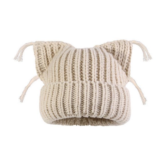 Eltusu Women Winter Beanie Hat, Warm Cat Ear Windproof Comfy Knit Hat Beige Size Free Size