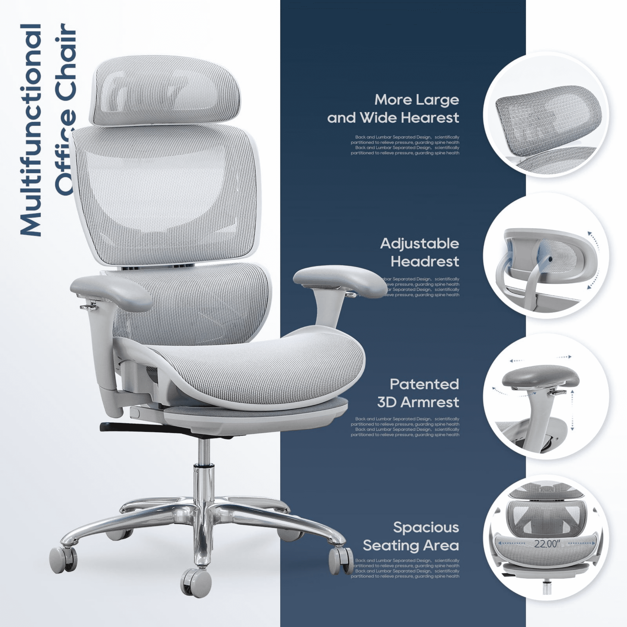 Guyou Ergonomic Office Chair, Mesh Desk Chair with Adjustable 3D Armrests, Lumbar Support, 2D Headrest, Tilt, Grey