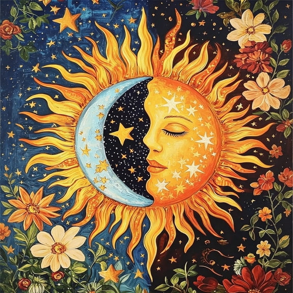 CCOCC Sun and Moon Diamond Art Kits for Adults,5D Diamond Painting with Flowers,Full Round Drill Gem Art for Beginners,Home Wall Decor,12X16"