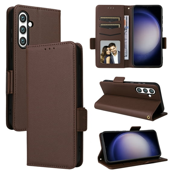 for Samsung Galaxy S25 Plus Wallet Case, Lychee Pattern PU Leather Purse Cover with Card Holder, Flip Kickstand, Magnetic Clasp, Shockproof Silicone Inner Shell Protective Phone Case, Brown
