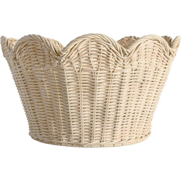 Scalloped Handwoven Natural Rattan Storage Basket, Round Sturdy Design Wicker Baskets with Handles, Multipurpose Organizer for Home, Office & Picnic Decor (without handle)