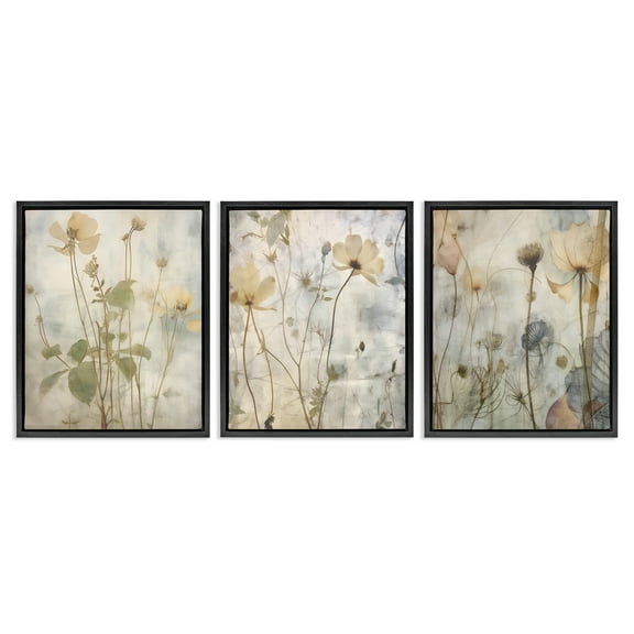 Stupell Industries Soft Blooming Botanicals Plants & Flowers Painting Black Floater Framed Canvas Art Print Wall Art, 17 x 21, Set of 3