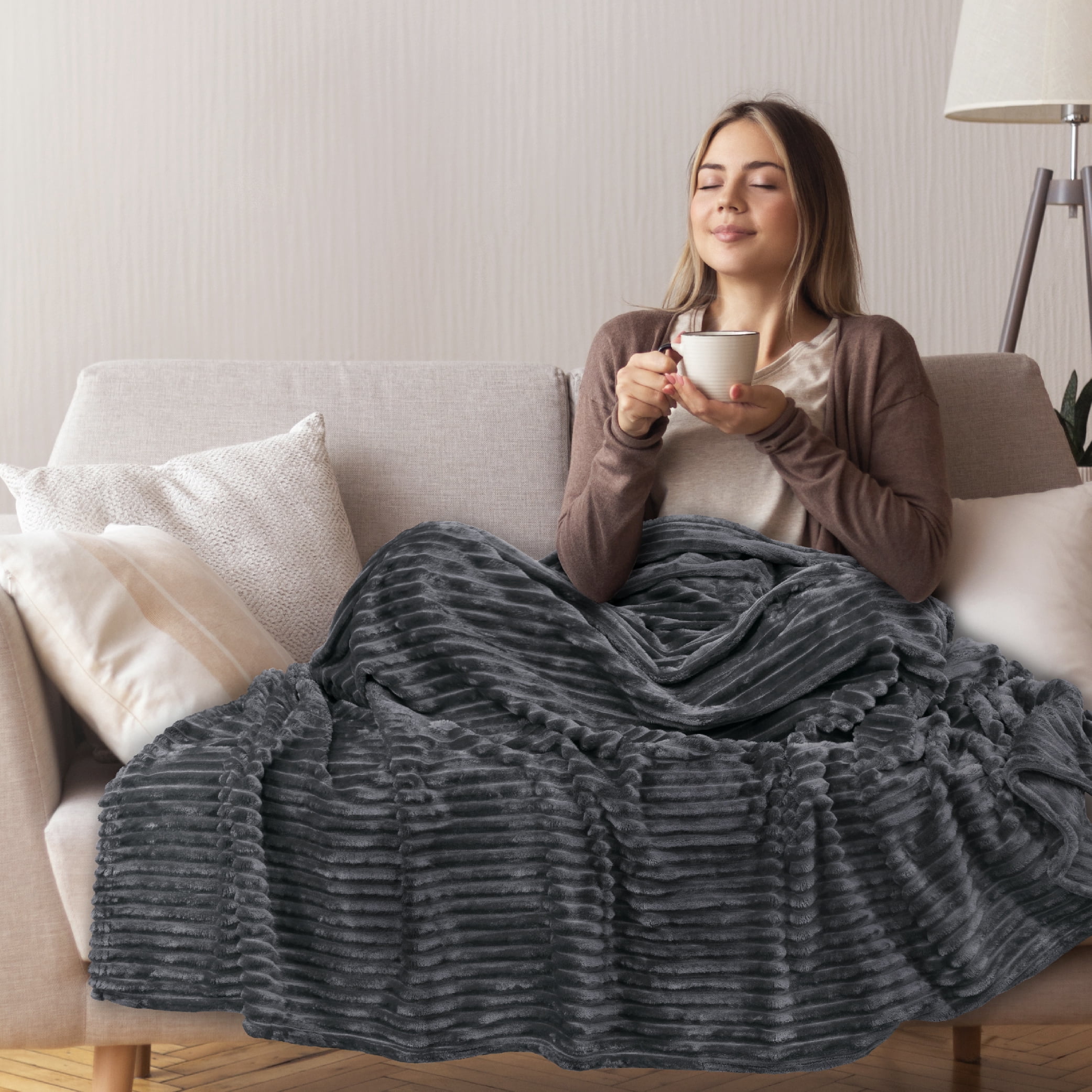 PAVILIA Super Soft Fleece Throw Blanket Twin Grey, Fuzzy Plush Flannel Throw, Warm Cozy Ribbed Microfiber Blanket for Sofa Couch Bed, Lightweight Striped Blanket, Grey, 60x80