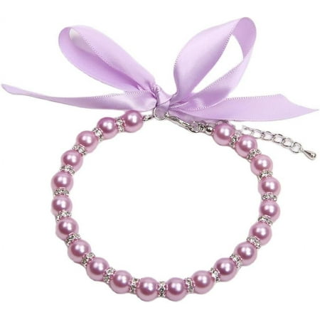 Derest Dog Cat Pearl Necklace Collar with Bling Accessories and Ribbon Bow  Pearls Necklace Jewelry for Female Dogs Cats  Fashion Pearl Collar Necklace for Dogs Puppy Kitten Birthday Party