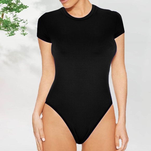 Fall Savings! WJSXC Body Suit Womens Clearance, Womens Fashion Casual Round Neck Bodysuit Solid Color Sexy Short Sleeve T-shirt Black