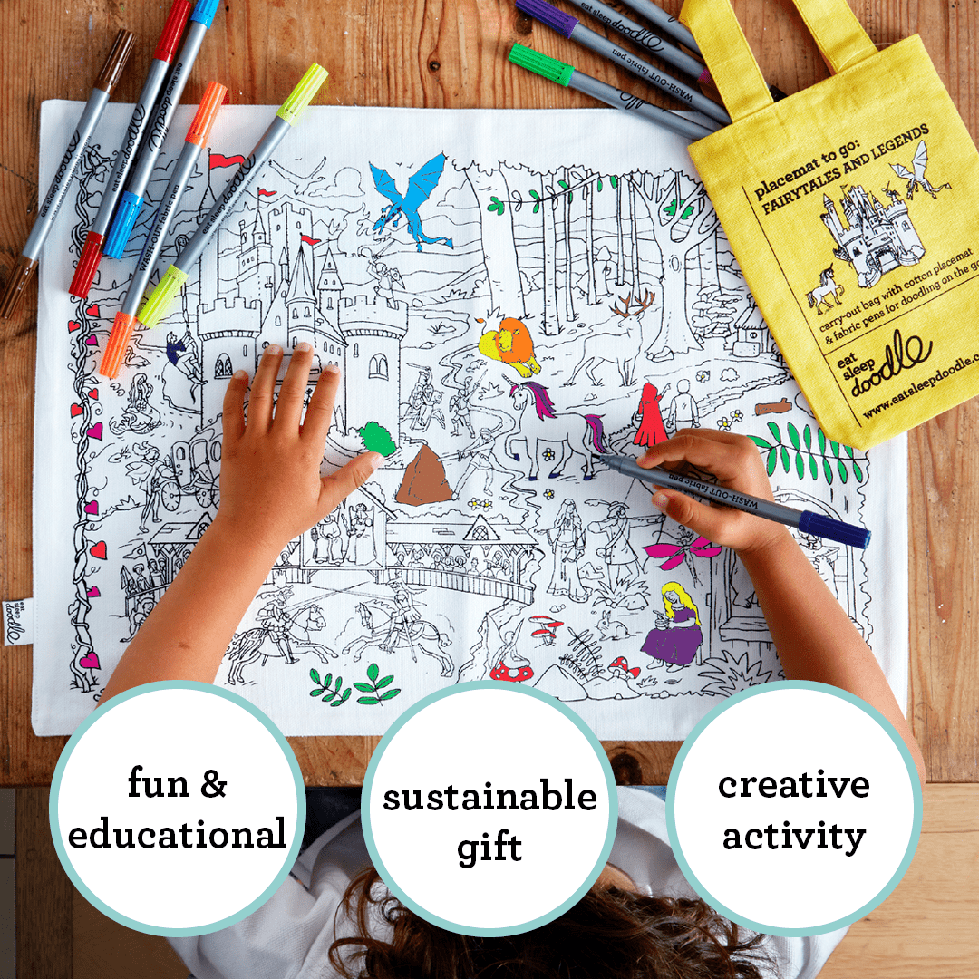 eatsleepdoodle Coloring Cotton Placemat with Washable Markers - Fairy Tale and Princess Color in Activity Craft Kit for Girls and Boys Age 3+