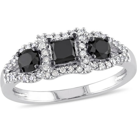1 Carat T.W. Princess and Round-Cut Black and White Diamond 10kt White Gold Three-Stone Engagement Ring