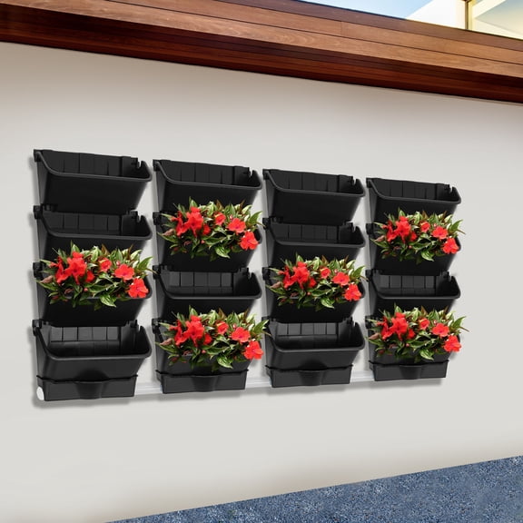 Vertical Wall Planter with 16 Pots, Hanging Garden Plant Flowerpot Holder, Stackable Wall-Mounted Planter, Balcony Planters for Flowers Vegetables Fruits (Black, 16 Pots 4 Drainage Planters&Pipe)