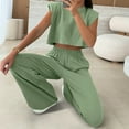 thumbnail image 6 of CHUMUD Two Piece Sets for Women Petite Wide Leg Pants Set Summer Outfits Sleeveless Crew Neck Crop Tops Trousers Matching Sets Casual Going Out, 6 of 9