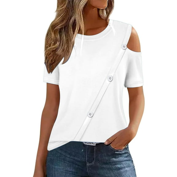 AherBiu Summer Tops for Women 2024 Cold Shoulder Short Sleeve Basic Comfy Solid Color Tees T Shirts