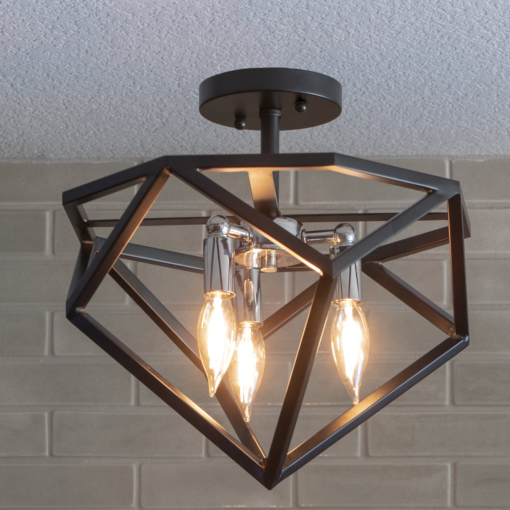 Industrial Mini Semi Flush Mount Ceiling Light For Patio Outdoor Fixture with Handcrafted Geometric Metal Shape
