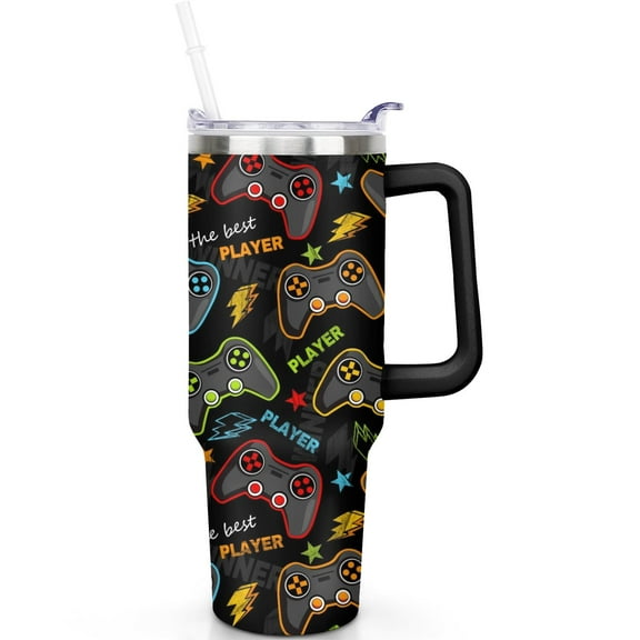 40 oz Stainless Steel Game Tumbler with Flip Straw Lid Handle Vacuum Insulated Leak Proof Travel Cup Gift for Him Her