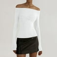 thumbnail image 2 of FAIWAD Women Off Shoulder Crop Tops Long Sleeve Slim Stretch Ruched Solid Color Pullover Tops, 2 of 5