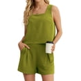 thumbnail image 5 of JWD Women's 2 Piece Square Neck Sleeveless Shorts Casual Set Women's Summer Top Amy Green M, 5 of 9