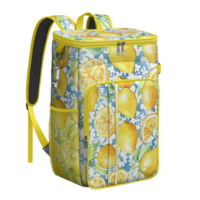 Yellow Lemon Print Backpack Cooler, Leakproof Insulated Lunch Bag for Tropical Trips and Summer Fun