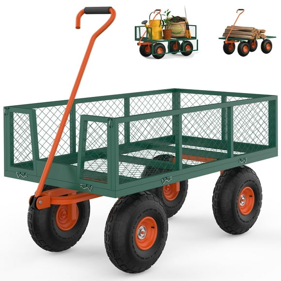 Heavy Duty Steel Garden Cart, Garden Wagon Cart On Wheels, Outdoor Metal Yard Utility Wagon Carts w/Adjustable Handle & Removable Sides(Convert to Flatbed)