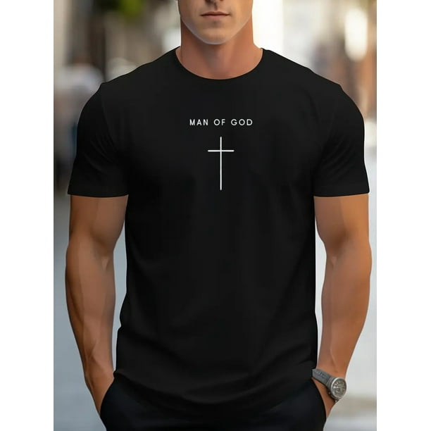 Camiseta de algodón suave para hombre, color negro, con la frase "Para un hombre de Dios". Transpirable y duradera. Estampado de cruz inspirado en la fe. Cuello redondo, manga corta. Uso diario inform