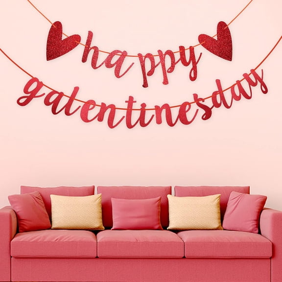 Happy Galentine's Day Banner, Red Glitter Heart & Garland Banner Sign for Valentine's Day Party Decor, Party Favor Photo Props