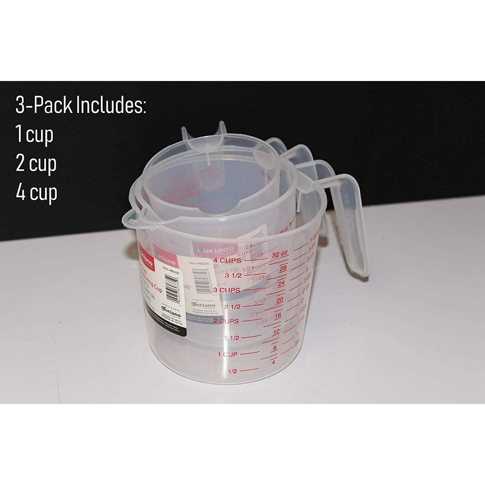3 Pack Clear Plastic Measuring Cups 1Cup, 2Cup, 4Cup Capacity for