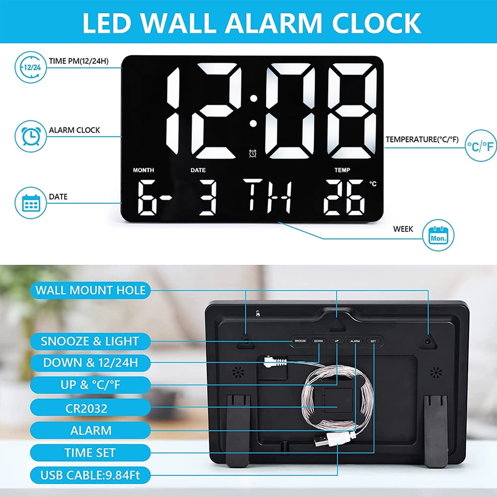 Alarms Clock w/Remote Control,Non-Abbreviated Day Date Clock for Vision Impaired Elderly - White light with black frame