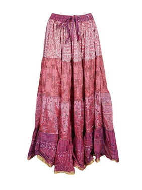 Mogul Women Peach Maxi Skirt Vintage Printed Full Flared Gypsy Chic Summer Fashion Recycled Sari Beach LONG Skirts S/M