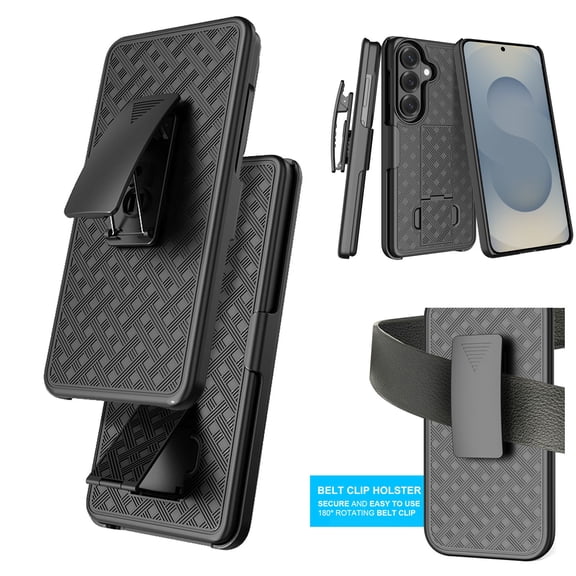 ELEHOLD for Samsung Galaxy S26 Rugged Case, Shockproof Foldable Kickstand Full Protection Cover With Belt Clip Holster,Black