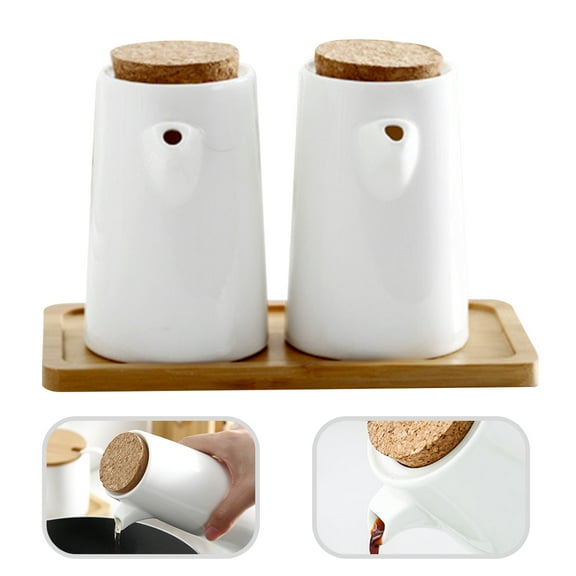 Omeite Ceramic oil pot, oil tank, oil bottle, seasoning bottle, vinegar pot, seasoning box bottle, salt pot set (2 small pots/with plate)