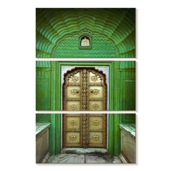 Elephant Stock Ornate Indian Door Wall Art - Vertical Multi Panel Canvas - Living Room Wall Decor - Architecture Multi Panel - Green And Gold Decor - 14" x 23"