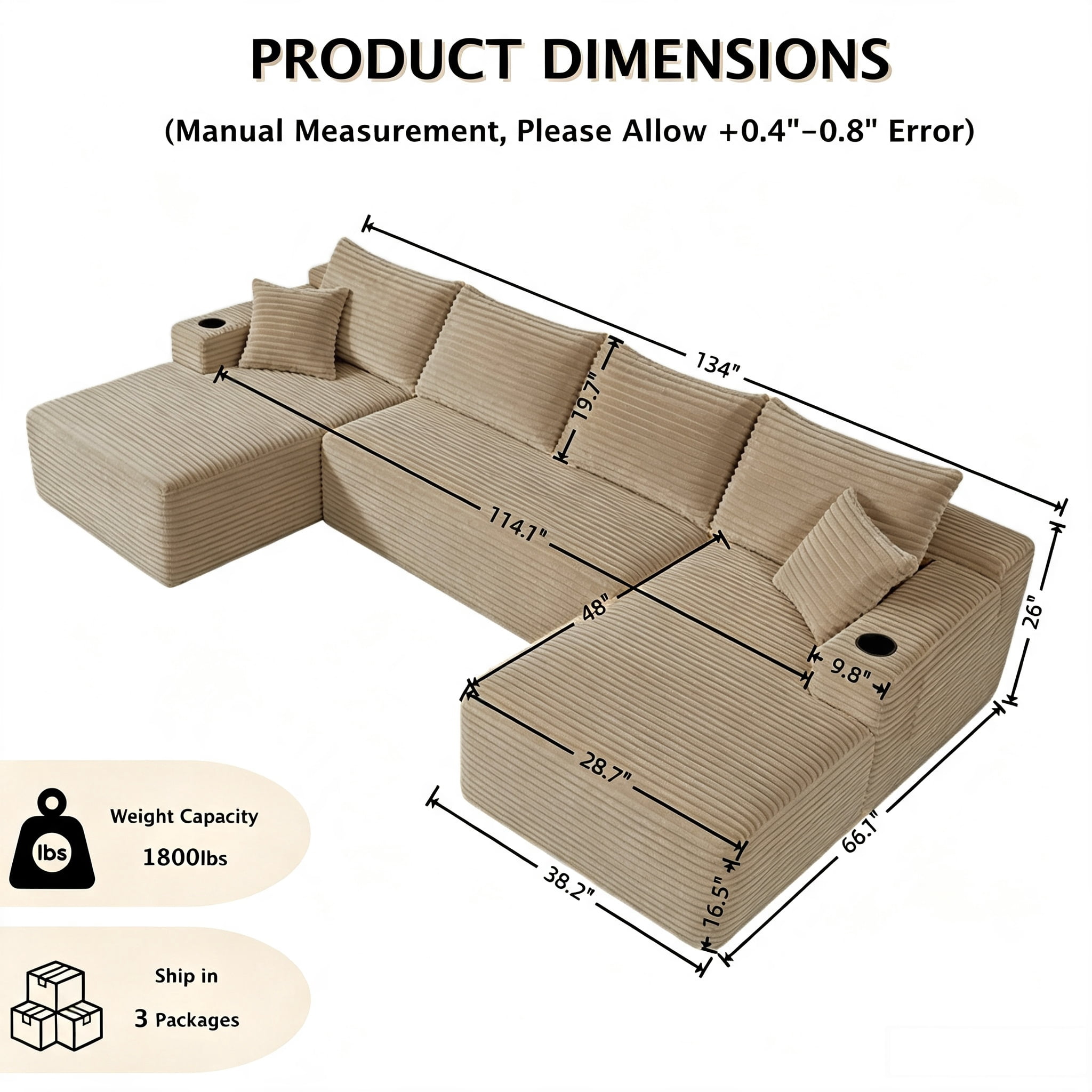 ShiKeyi 134" Modular U-Shaped Cloud Sofa, 5 Seater Corduroy Sectional Couch with Deep Seats Double Chaise & Soft Boneless Design, Camel