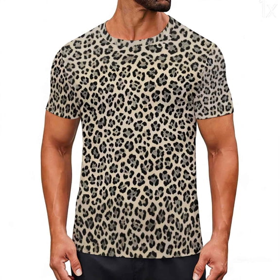 Casual Leopard Print T-Shirt Short Sleeve Summer Hip Hop T-Shirts for Men Khaki
