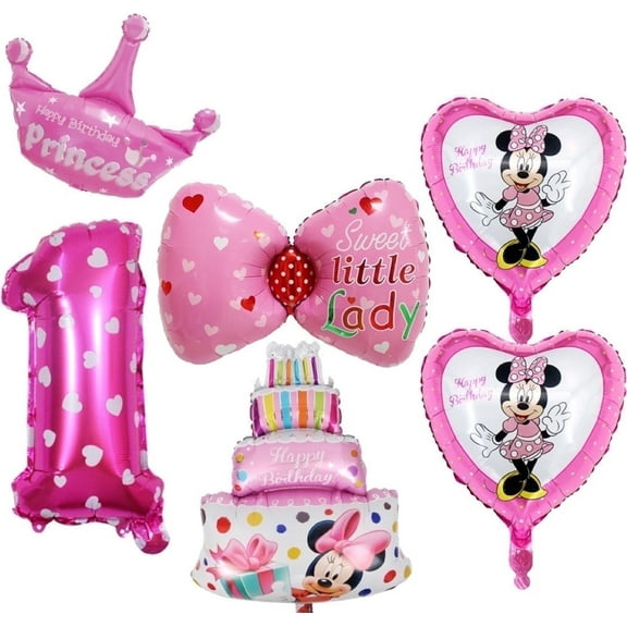 1st Birthday Pink Foil Balloons for Girls Mickey Mouse Minnie Mouse themed 6 Pcs, 30 inches