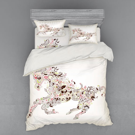 Ambesonne Abstract Bedding Set 4 Pcs, Floral Horse Paisley, Queen, Green Brown Pink
