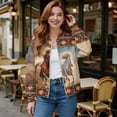 thumbnail image 2 of Xoenoiee Women Bomber Jacket with Pockets Stand Collar Cropped Coat Lightweight Zip Up Jacket Streetwear for Fall Winter, Aztec Ethnic Tribal Horses, 3X-Large, 2 of 7
