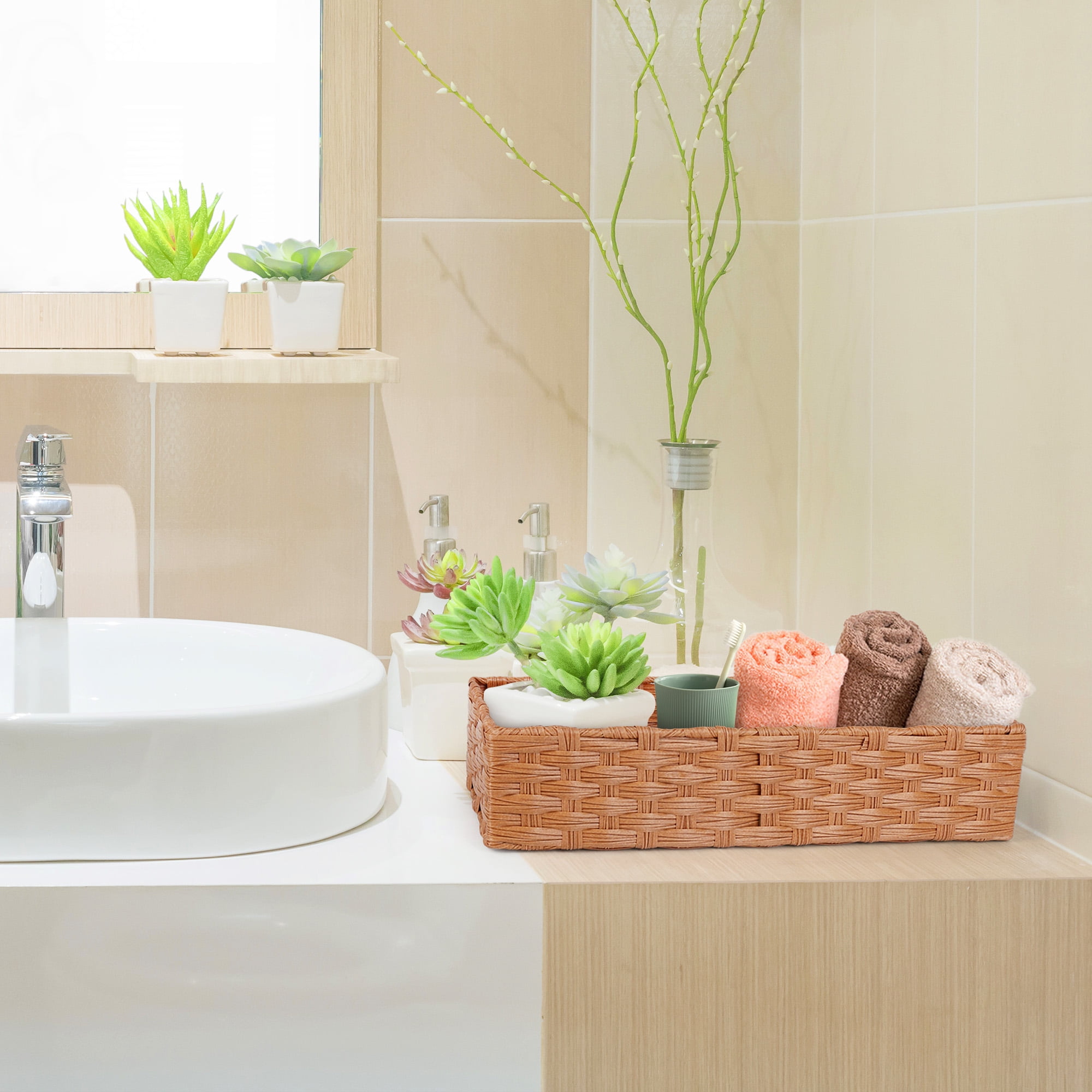 LotFancy Toilet Paper Storage Basket, 2 Pack Woven Wicker Toilet Tray Tank Topper Baskets,Brown