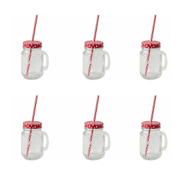 Paquete de 6 Frascos Tarros Mason De Vidrio Con Asa Elegir Tapa Drink Lab Ice Cold Liso Transparente 473ml