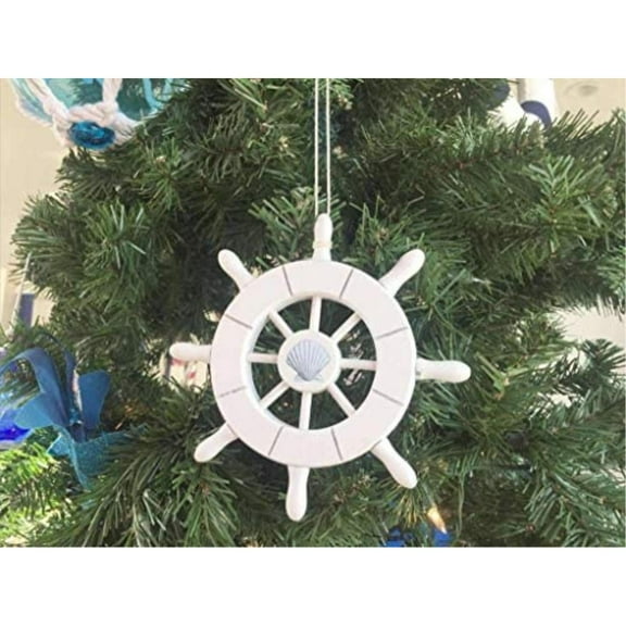 Handcrafted Nautical Decor White Decorative Ship Wheel with Seashell Christmas Tree Ornament 6" - Christm