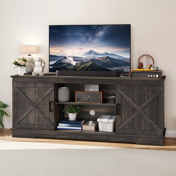 Uforic Farmhouse TV Stand, Rustic Media Console with X-Style Barn Doors, Adjustable Shelf & Cable Management for Up to 65 Inch TVs, Dark Oak