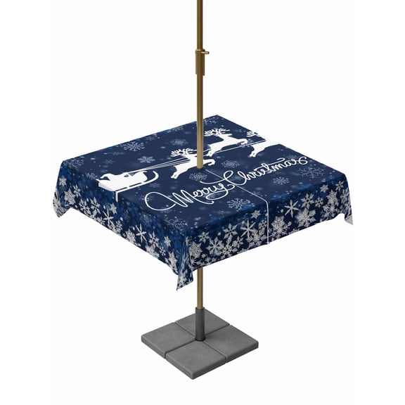 Outdoor Tablecloth with Umbrella Hole and Zipper, Christmas Elk Square Table Cloth 54x54 Inch Waterproof Tablecloth, Winter Santa Claus Xmas Snowflakes Navy Blue Picnic Table Cover for Patio Camping