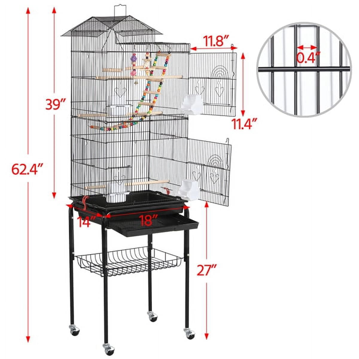 Alden Design 62.4"H Metal Rolling Mid-Size Bird Cage with Detachable Stand, Black