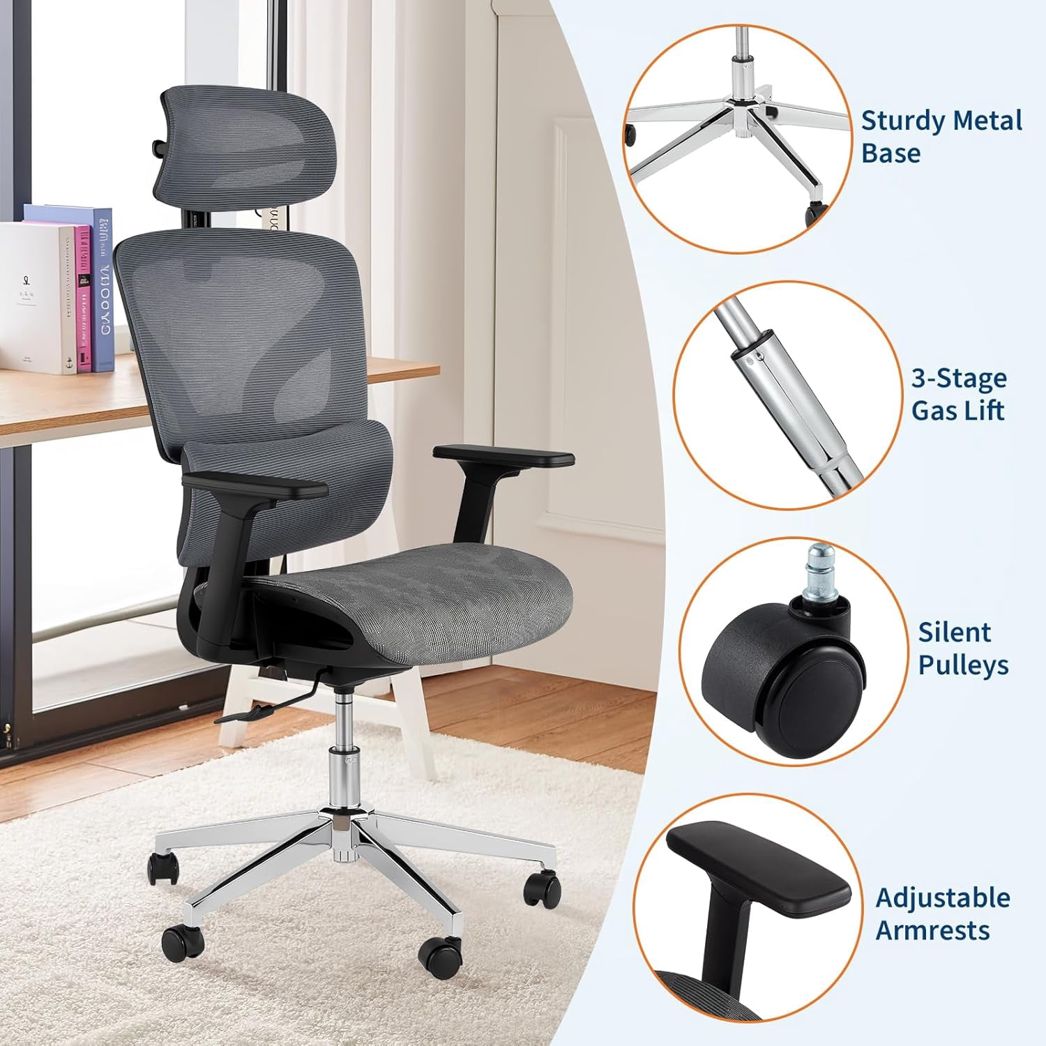 Ergonomic High Back Mesh Office Chair, Adjustable Armrest, Lumbar Support & Headrest, Slide Seat & Tilt Lock, Rolling Computer Desk Chair for Home Office, Gray