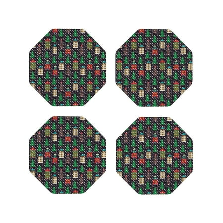 

Honeii Christmas Trees And Houses Print Leather Coaster Set of 4 Ideal for Safeguarding Your Furniture from Drinks Spills and Effortless Cleanup-Octagon