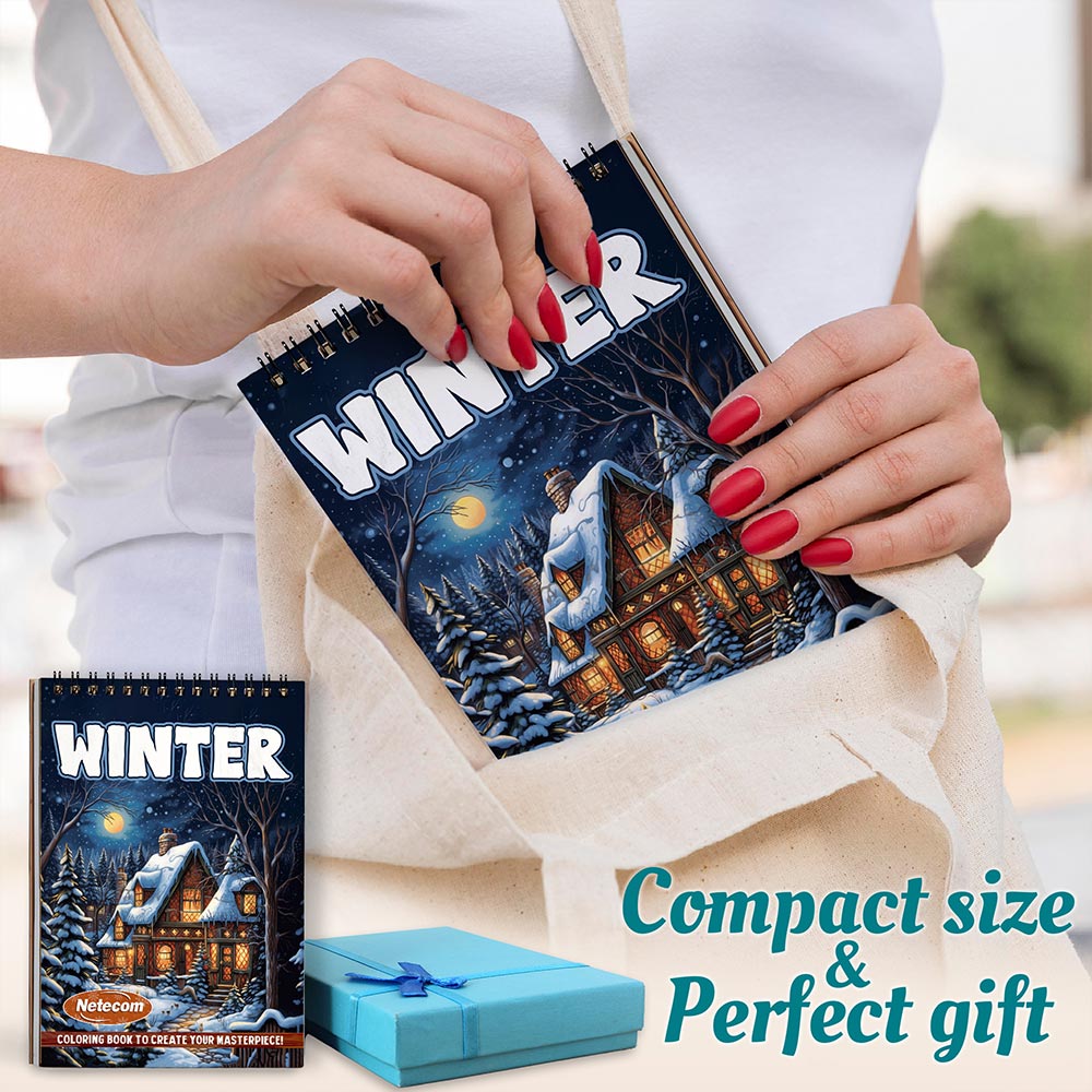 Netecom Winter Coloring Book Spiral Bound for Adults, A5 Wooden Cover, 30 Tranquil Coloring Pages of Serene Winter Landscapes for Stress Relief and Relaxation