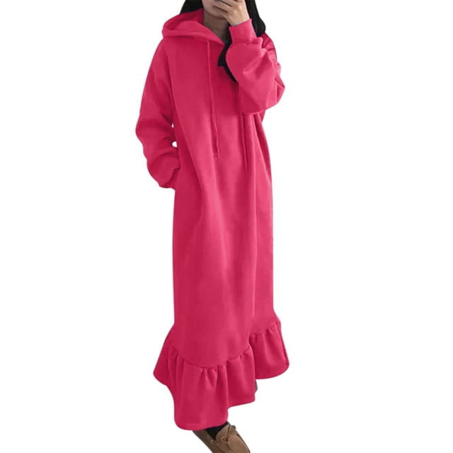 Vestido holgado de manga larga con capucha y estampado liso para mujer talla grande - Vestido informal tipo sudadera con bolsillos, primavera/otoño/invierno
