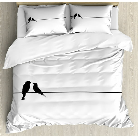 Bird on a Wire Duvet Cover Set King Size, Minimal Contemporary Love Themed Art with Romantic Dove Silhouettes, Decorative 3 Piece Bedding Set with 2 Pillow Shams, Charcoal Grey White, by Ambesonne