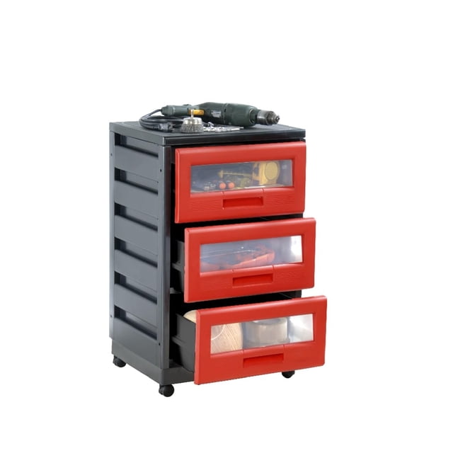 Italhome Mueble De Plástico En Color Negro Rojo Con 3 Cajones, Cajonera Organizador Multiusos Con Ruedas Piave