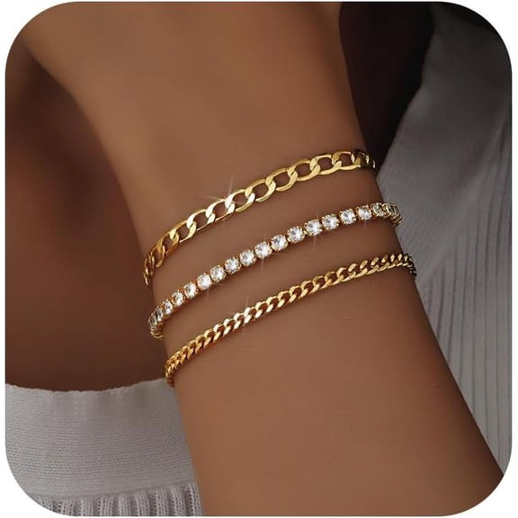 Gold Bracelets For Women, 14K Gold Plated Link Cubic Zirconia Classic Tennis Bracelet, Cuban Chain Dainty Bracelet Pack Jewelry For Women[o1911]